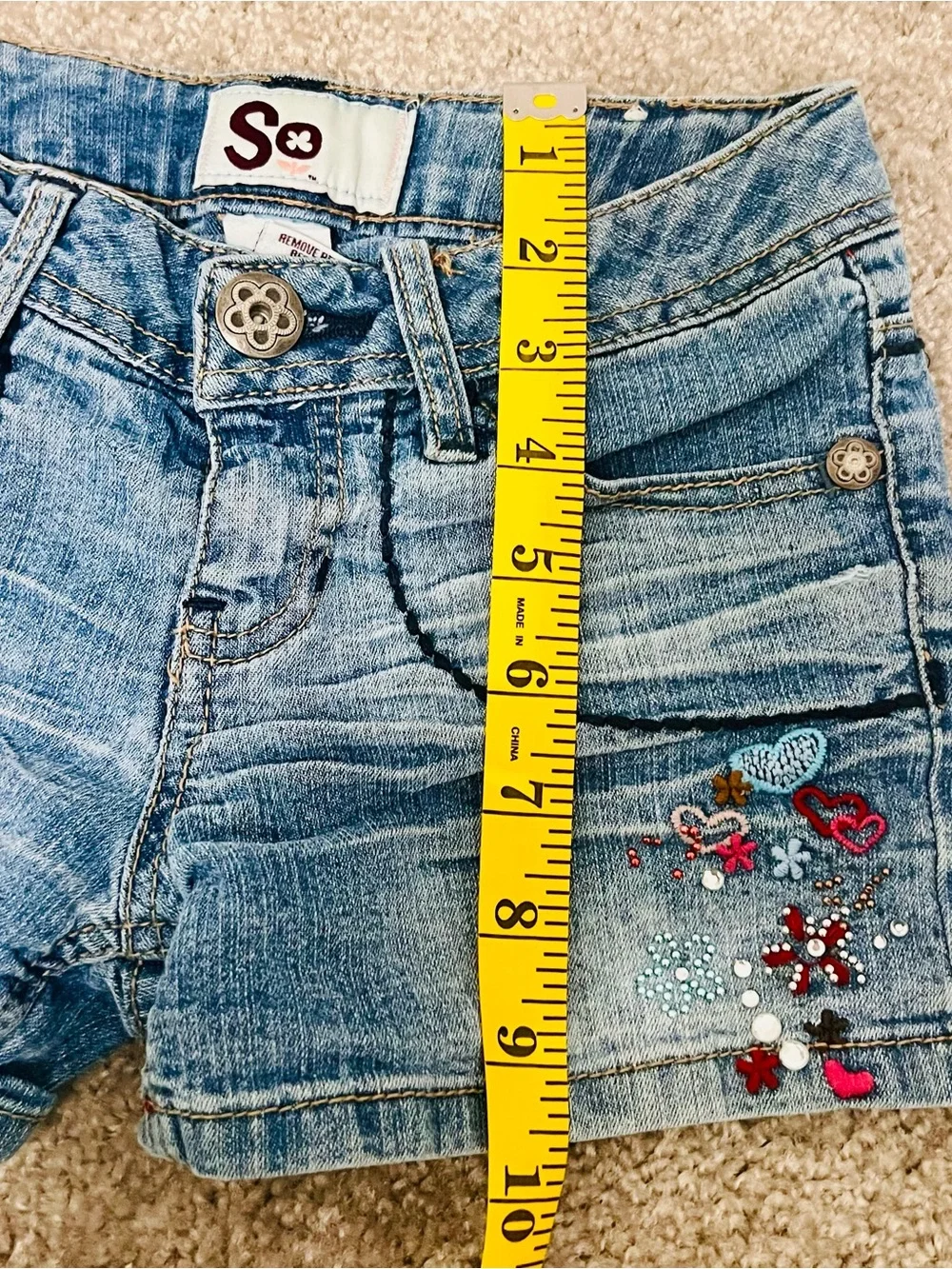 Girls' Light Blue Denim Shorts with Embroidered Hearts